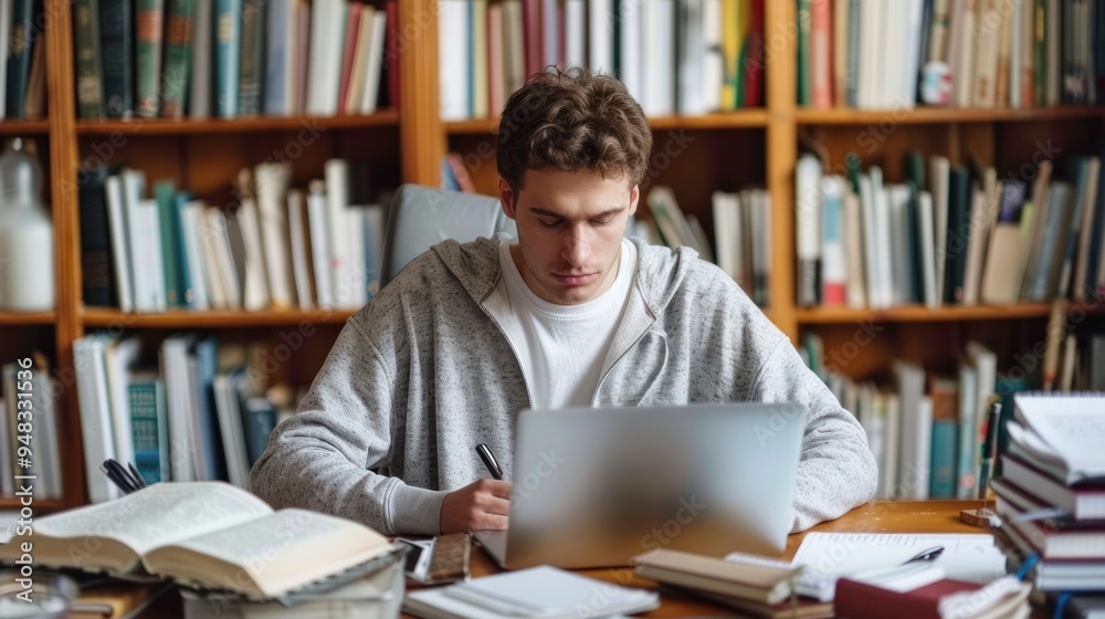 An adult studying for an online course in a home office, with study materials and a laptop An adult studying for an online course in a home office, with study materials and a laptop