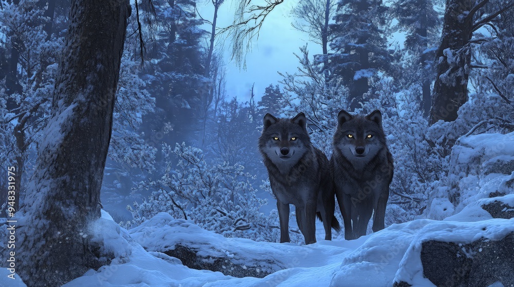 Two Wolves in a Snowy Forest Two Wolves in a Snowy Forest
