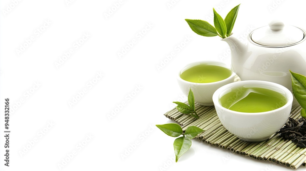 A serene setup featuring a white teapot and matching tea cups, filled with green loose-leaf tea, elegantly arranged on a bamboo mat with fresh leaves nearby for a peaceful atmosphere A serene setup featuring a white teapot and matching tea cups, filled with green loose-leaf tea, elegantly arranged on a bamboo mat with fresh leaves nearby for a peaceful atmosphere