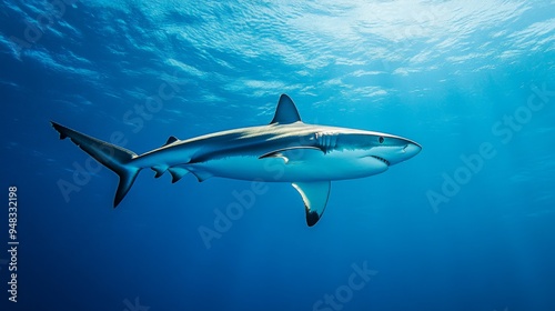 Wallpaper Mural A dynamic shot of a shark swimming gracefully underwater, showcasing its streamlined body and powerful tail against a clear blue ocean backdrop. Torontodigital.ca