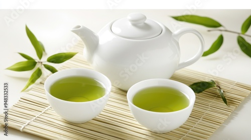 A serene setup featuring a white teapot and matching tea cups, filled with green loose-leaf tea, elegantly arranged on a bamboo mat with fresh leaves nearby for a peaceful atmosphere