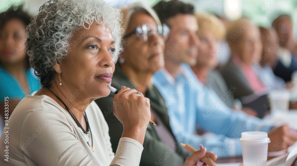 Older adults attending a health education seminar, asking questions and taking notes Older adults attending a health education seminar, asking questions and taking notes