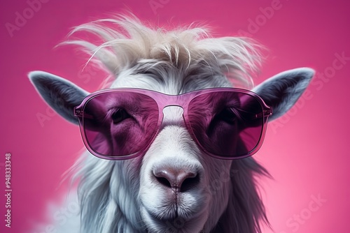 Fashionable goat with playful sunglasses on soft pink background, space for text