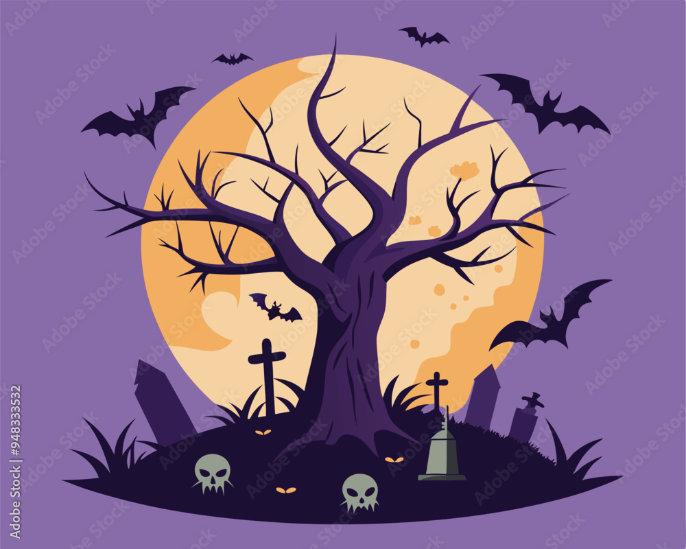 Halloween tree in graveyard t shirt and stocker design vector illustration Halloween tree in graveyard t shirt and stocker design vector illustration