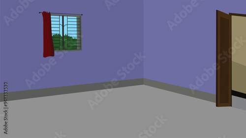 Vector illustration of an empty room with window and a wooden door.