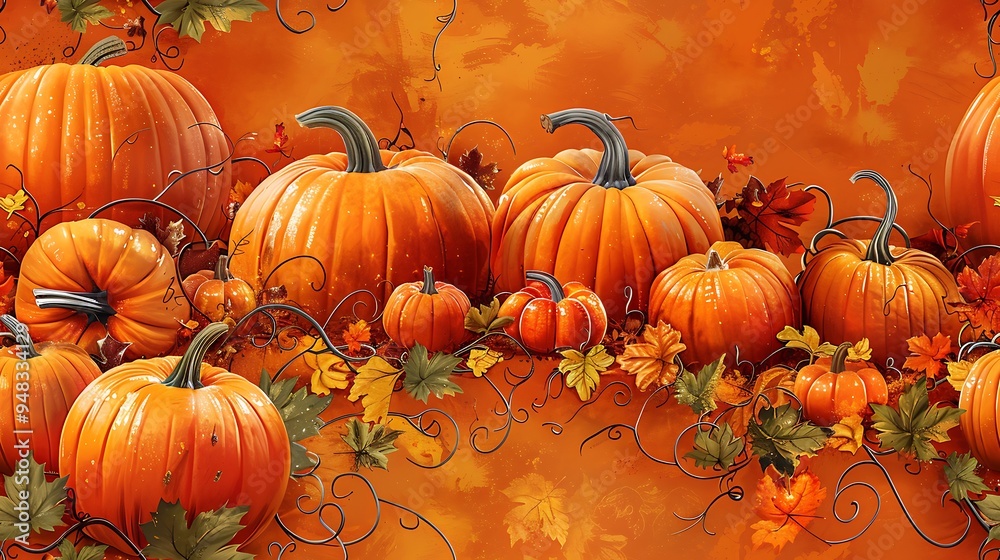 A seamless cartoon pattern featuring pumpkins of various sizes and expressions, arranged in a lively patch with swirling vines and leaves, set against a vibrant orange background. --ar 16:9 --v 6. A seamless cartoon pattern featuring pumpkins of various sizes and expressions, arranged in a lively patch with swirling vines and leaves, set against a vibrant orange background. --ar 16:9 --v 6.