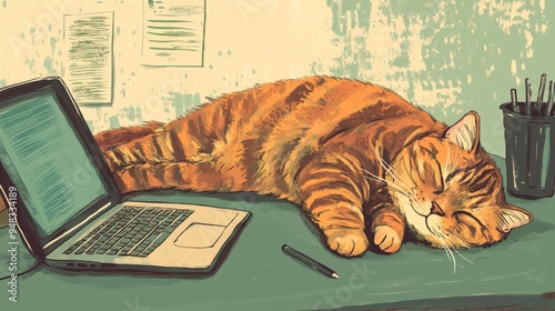 A fat cat sprawled across a desk next to a laptop, appearing uninterested in the work at hand, preferring a life of leisure. photo