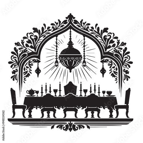 Elegant Black and White Vintage Dining Room Silhouette with Chandelier and Ornate Decor