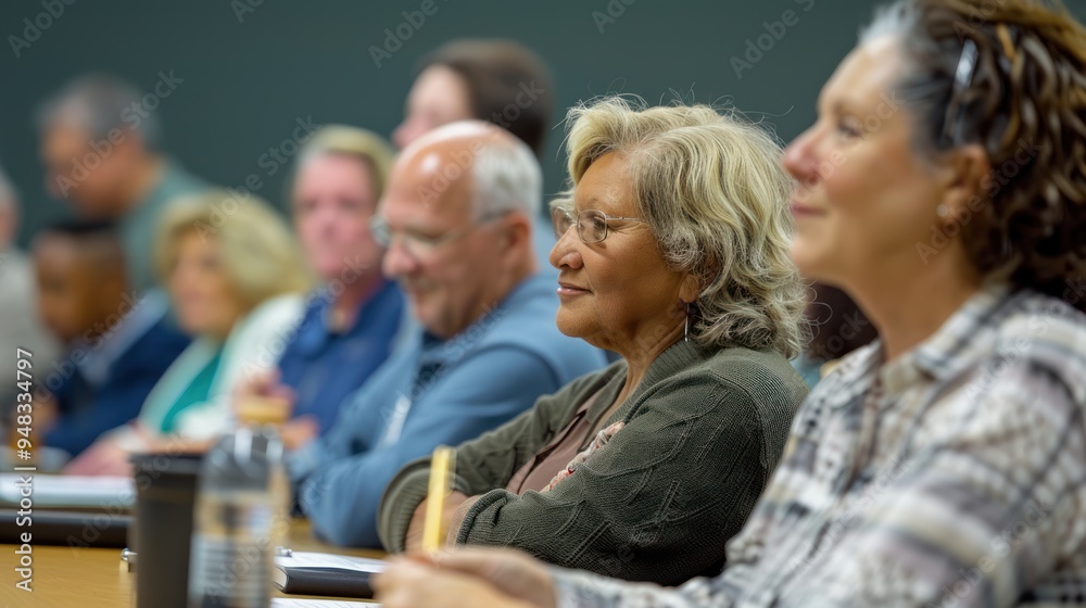 A group of mature learners participating in a continuing education class, discussing career advancement strategies A group of mature learners participating in a continuing education class, discussing career advancement strategies