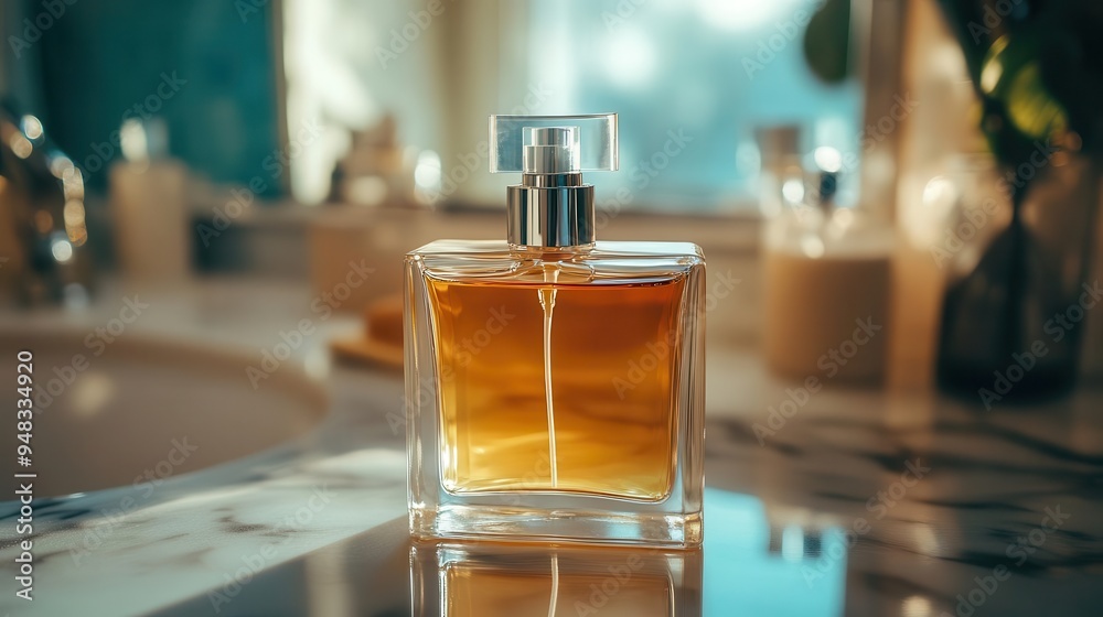 Cologne bottle with a spray nozzle on a bathroom counter Cologne bottle with a spray nozzle on a bathroom counter