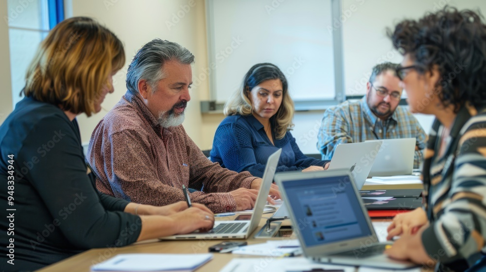 Obraz premium Adults working on a collaborative project in a community education center, using laptops and reference materials