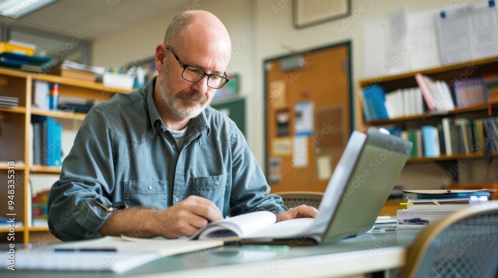 An adult education teacher preparing lesson plans and course materials in a classroom An adult education teacher preparing lesson plans and course materials in a classroom