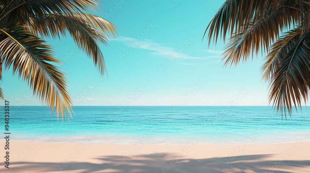 Tropical beach, palm trees and turquoise water, 3D illustration Tropical beach, palm trees and turquoise water, 3D illustration