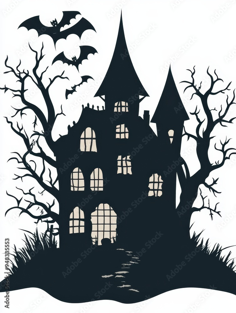 A silhouette illustration of a haunted house with spooky bats flying around it. It symbolizes mystery, fear, Halloween, haunted houses, and the supernatural. A silhouette illustration of a haunted house with spooky bats flying around it. It symbolizes mystery, fear, Halloween, haunted houses, and the supernatural.
