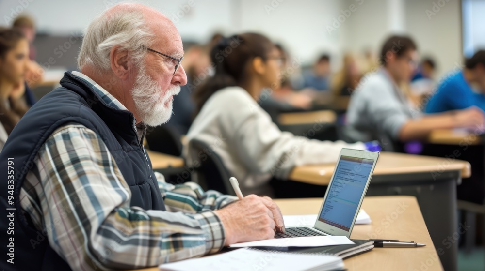 A person taking notes on a laptop during an adult education seminar in a classroom A person taking notes on a laptop during an adult education seminar in a classroom