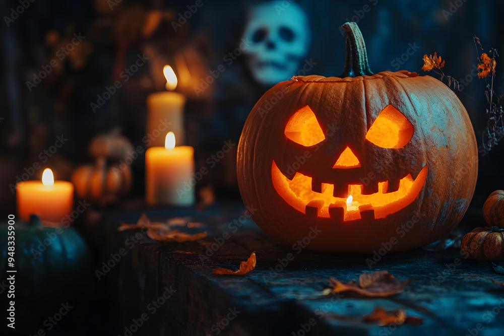 Halloween evening scene with pumpkins Jack O Lantern with evil face on dark background Halloween evening scene with pumpkins Jack O Lantern with evil face on dark background