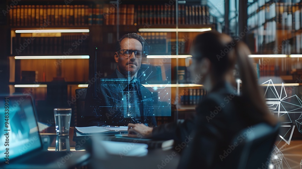 Virtual legal consultation with a holographic client avatar led by a professional lawyer in a high-tech office offering futuristic legal services in the digital era of legal technology Virtual legal consultation with a holographic client avatar led by a professional lawyer in a high-tech office offering futuristic legal services in the digital era of legal technology