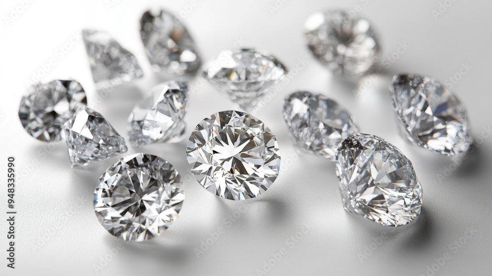 A group of diamonds of various cuts and sizes scattered elegantly on a white surface, creating a luxurious and radiant display. A group of diamonds of various cuts and sizes scattered elegantly on a white surface, creating a luxurious and radiant display.