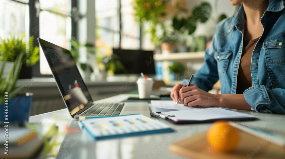 A professional attending a virtual seminar from a home office, with notes and a laptop A professional attending a virtual seminar from a home office, with notes and a laptop