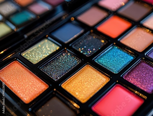 Eyeshadow palette with colors open, displaying a range of shades