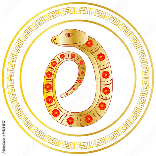 Snake Chinese New Year 2025. Zodiac Asia Gold Gradient Circle Traditional Ornament
