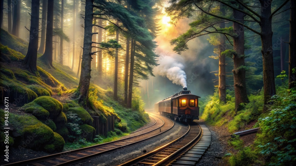 Naklejka premium Atmospheric train ride among ancient forests: Mystic, shadowy, towering trees, misty fog, warm light