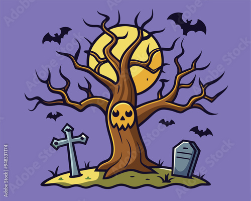 Halloween tree in graveyard t shirt and stocker design vector illustration