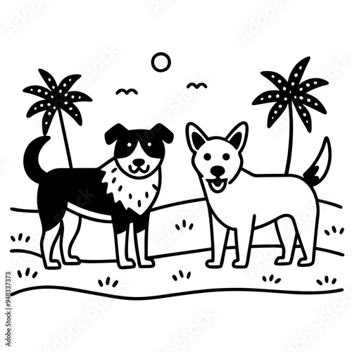 Beach dogs basking in the sunlight their coats shimmering as they frolic by the water’s edge
