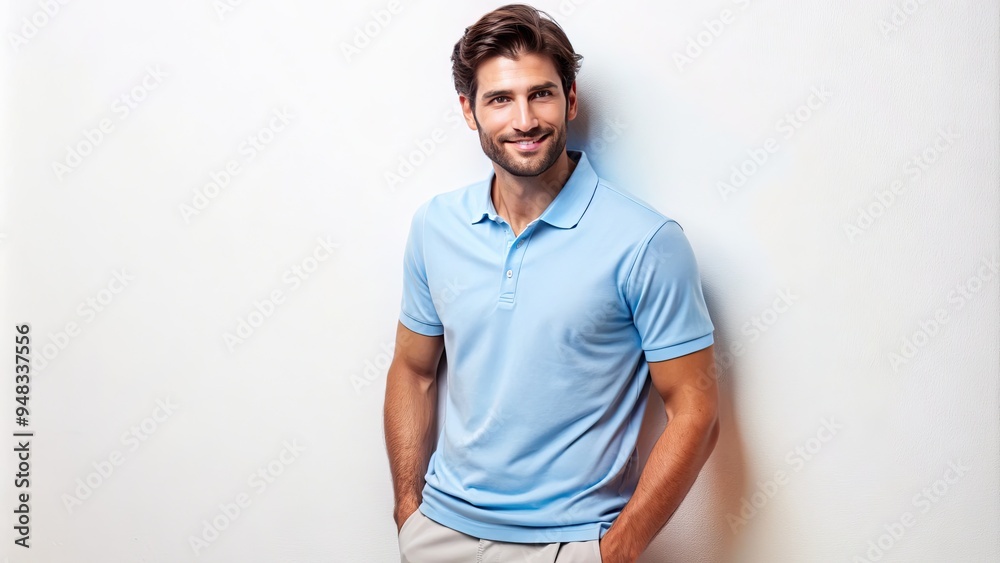 Attractive fit model showcasing casual elegance in a light blue polo shirt with a relaxed fit, posing against a clean white background with a slight smile.