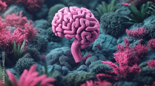 A pink brain is surrounded by green plants