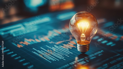 A glowing light bulb sits on a digital stock market background with colorful graphs and charts, representing innovation and financial insight