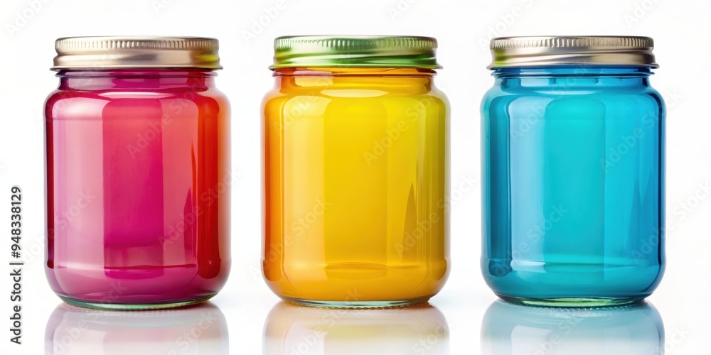 Three colorful jars on a white background , Jar, colorful, vibrant, white background, glass, containers, trio, arrangement Three colorful jars on a white background , Jar, colorful, vibrant, white background, glass, containers, trio, arrangement