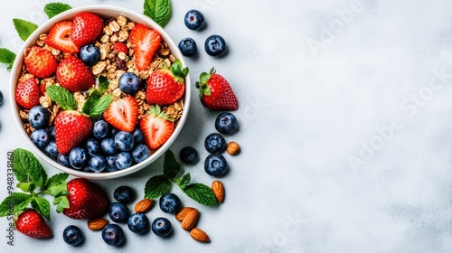 A bowl of crunchy granola, creamy Greek yogurt, and fresh strawberries, blueberries, and raspberries sits on a white marble surface—perfect for a nutritious start to your day!