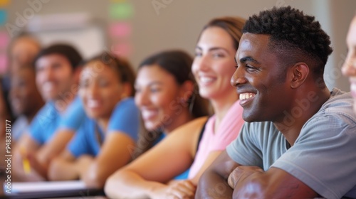 A group of adults attending a night class in a well-lit classroom, with a teacher guiding them through an exercise