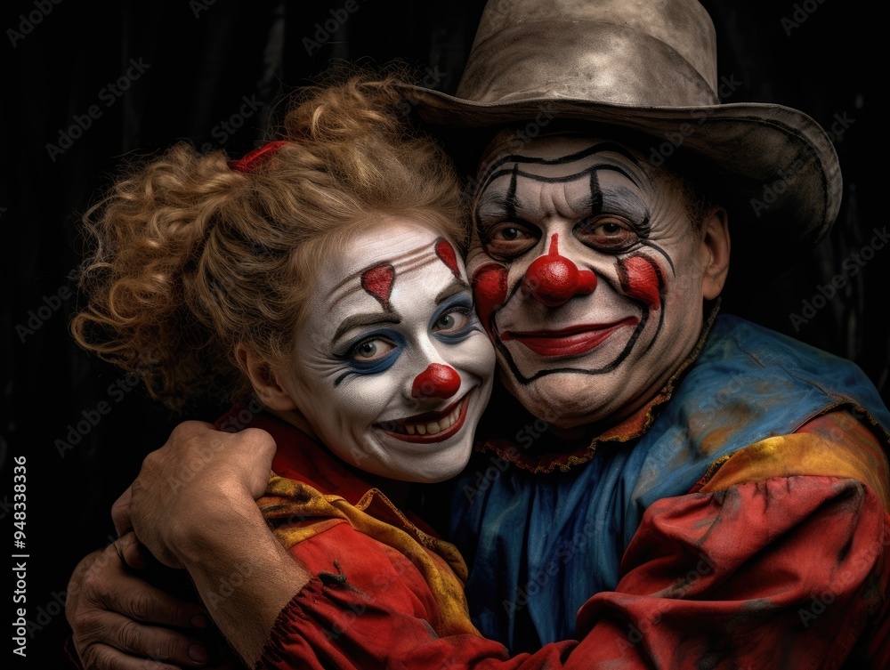 Portrait of hugging clowns man and woman Portrait of hugging clowns man and woman