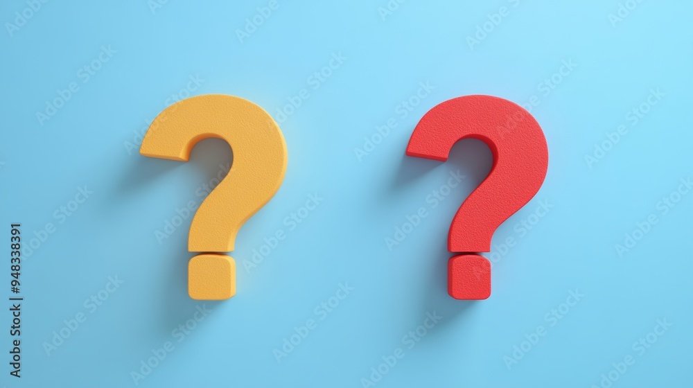 Two red and yellow question marks are on a blue background Two red and yellow question marks are on a blue background