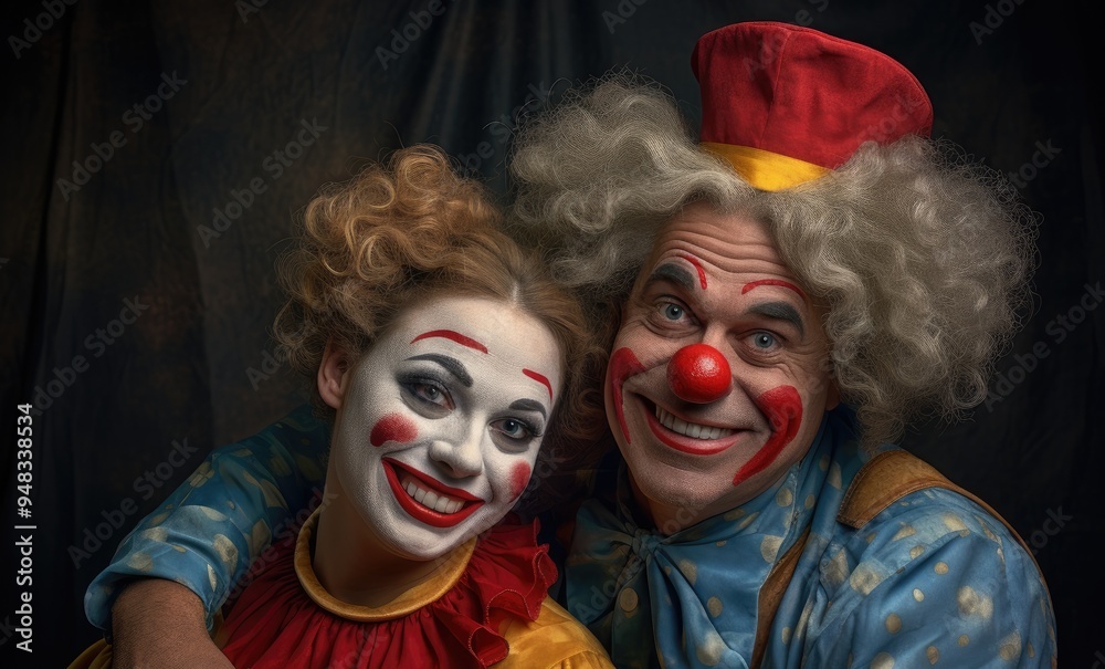 Portrait of hugging clowns man and woman Portrait of hugging clowns man and woman