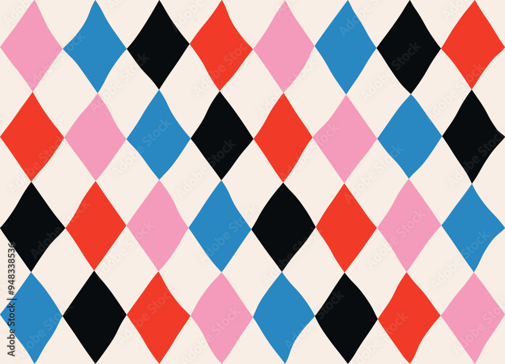 Seamless abstract geometric pattern of multicolored rhombuses in a row on a light background, harlequin motifs, hand drawn illustration, flat style