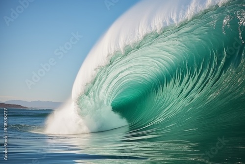 Colossal turquoise ocean wave crashing against sky blue horizon, dramatic side view shot