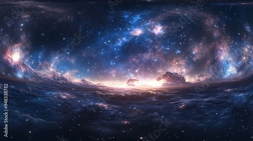 A stunning 360-degree view of a vast and starry night sky, featuring a vibrant nebula and distant galaxies. The scene evokes a sense of wonder, mystery, and the vastness of the universe. It is perfect
