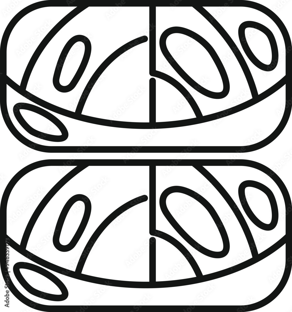 Obraz premium Line art vector icon depicting two pieces of salmon fillet in a vacuum pack, ideal for food packaging or recipe websites