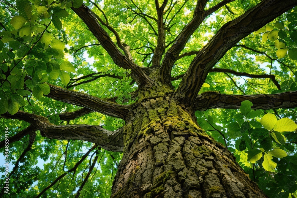 Naklejka premium Ash Tree in European Forest: Low Angle View of Ashing Foliage and Trunk