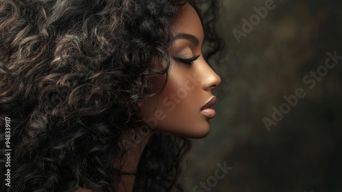 A stunning black woman with long, curly hair is shown in profile. She is looking to the side, and her eyes are closed, suggesting peace and tranquility. The soft lighting highlights her beautiful feat