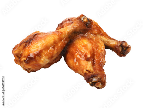 Two crispy, golden-brown chicken drumsticks.