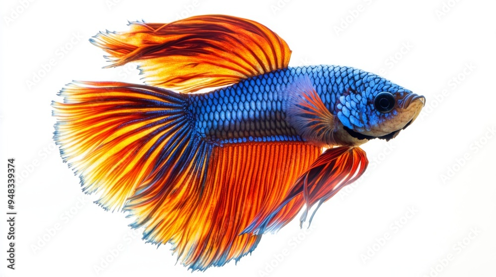 A high-resolution image of a betta fish swimming gracefully with its fins spread wide, showcasing its intricate patterns and vivid colors against a white backdrop. A high-resolution image of a betta fish swimming gracefully with its fins spread wide, showcasing its intricate patterns and vivid colors against a white backdrop.