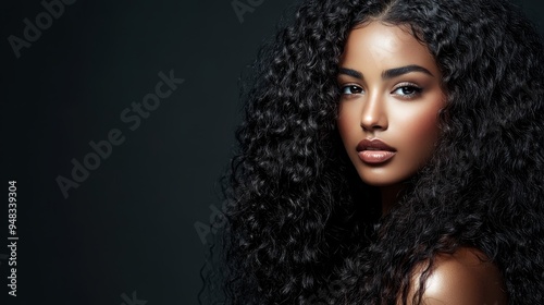 A stunning portrait of a beautiful Black woman with long, curly hair, exuding confidence and elegance. Her radiant skin, captivating eyes, and full lips create a striking visual that celebrates natura