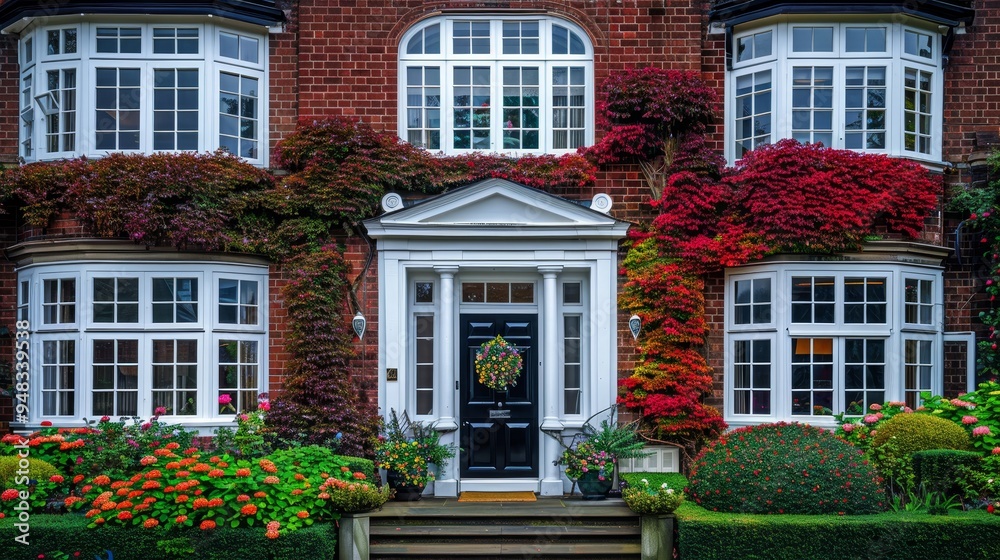 Naklejka premium Traditional english home red brick walls, ivy covered facade, white framed windows