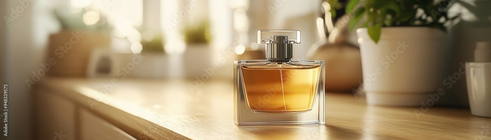 Perfume bottle with an atomizer on a dresser, ready to be sprayed Perfume bottle with an atomizer on a dresser, ready to be sprayed