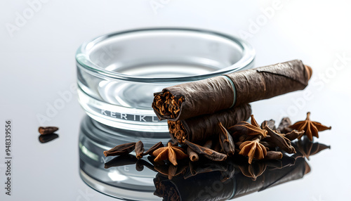 Kretek black clove cigarretes and cloves, with a transparent glass ashtray, on top of a mirror glass reflective surface isolated with white highlights, png photo