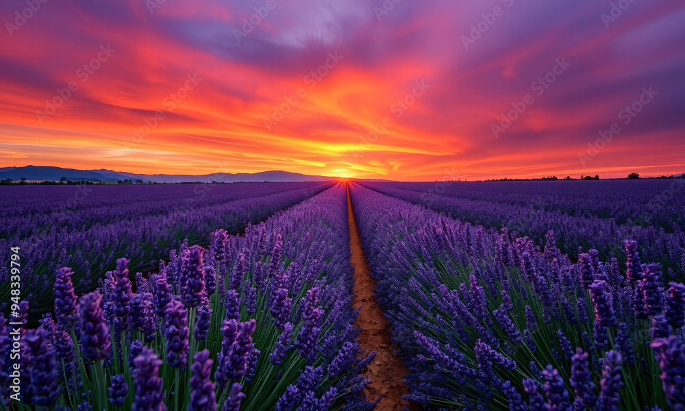 Obraz premium a lavender field in full bloom with vibrant purple flowers stretching toward a bright blue sky